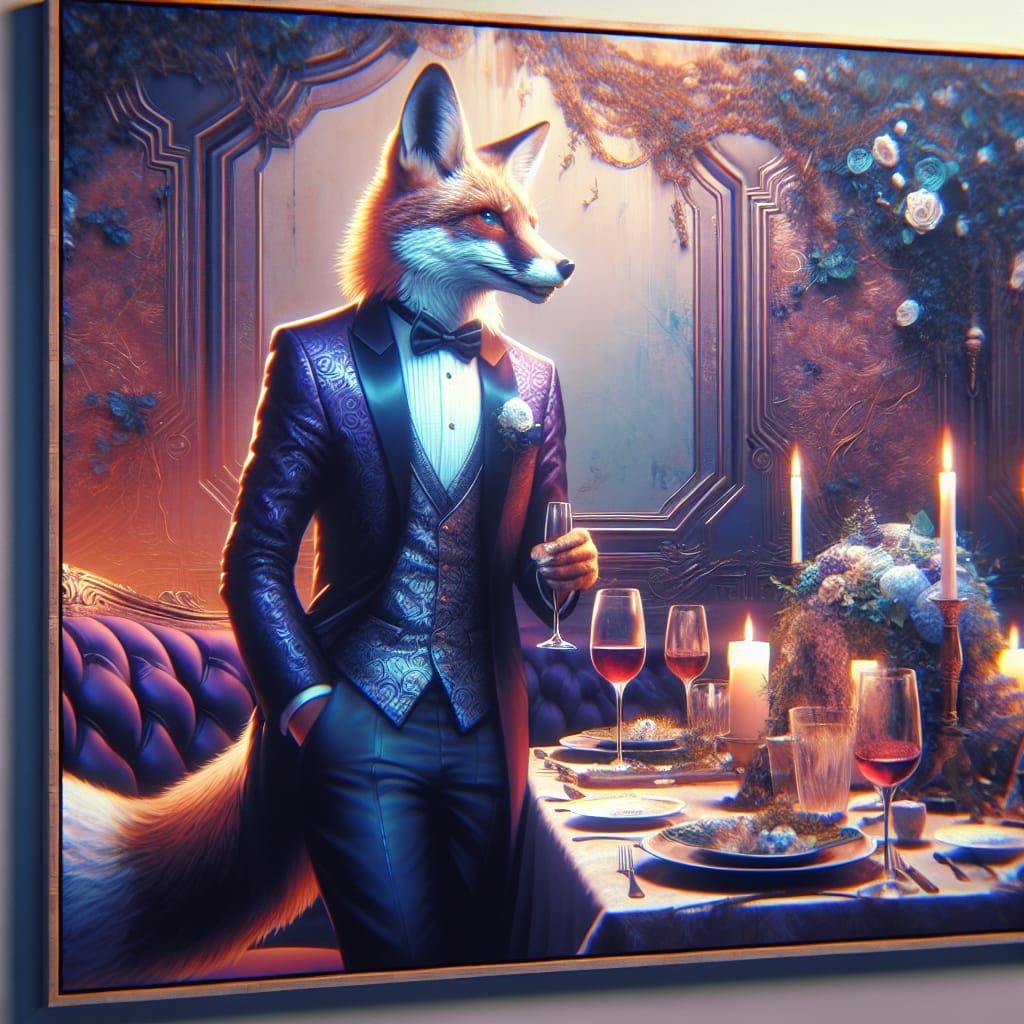 Fox in Tuxedo at Dinner, Matte Painting Style