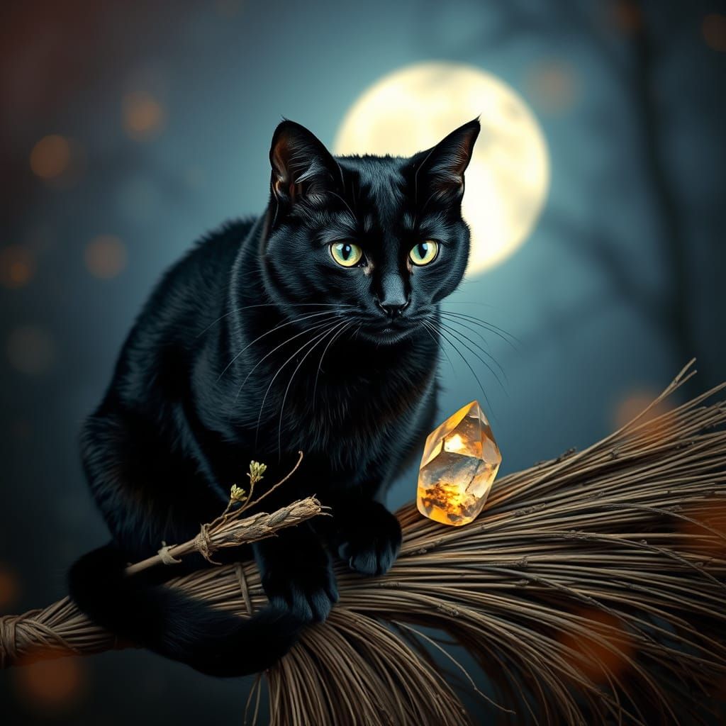 Mystical Black Cat on Broom with Crystal