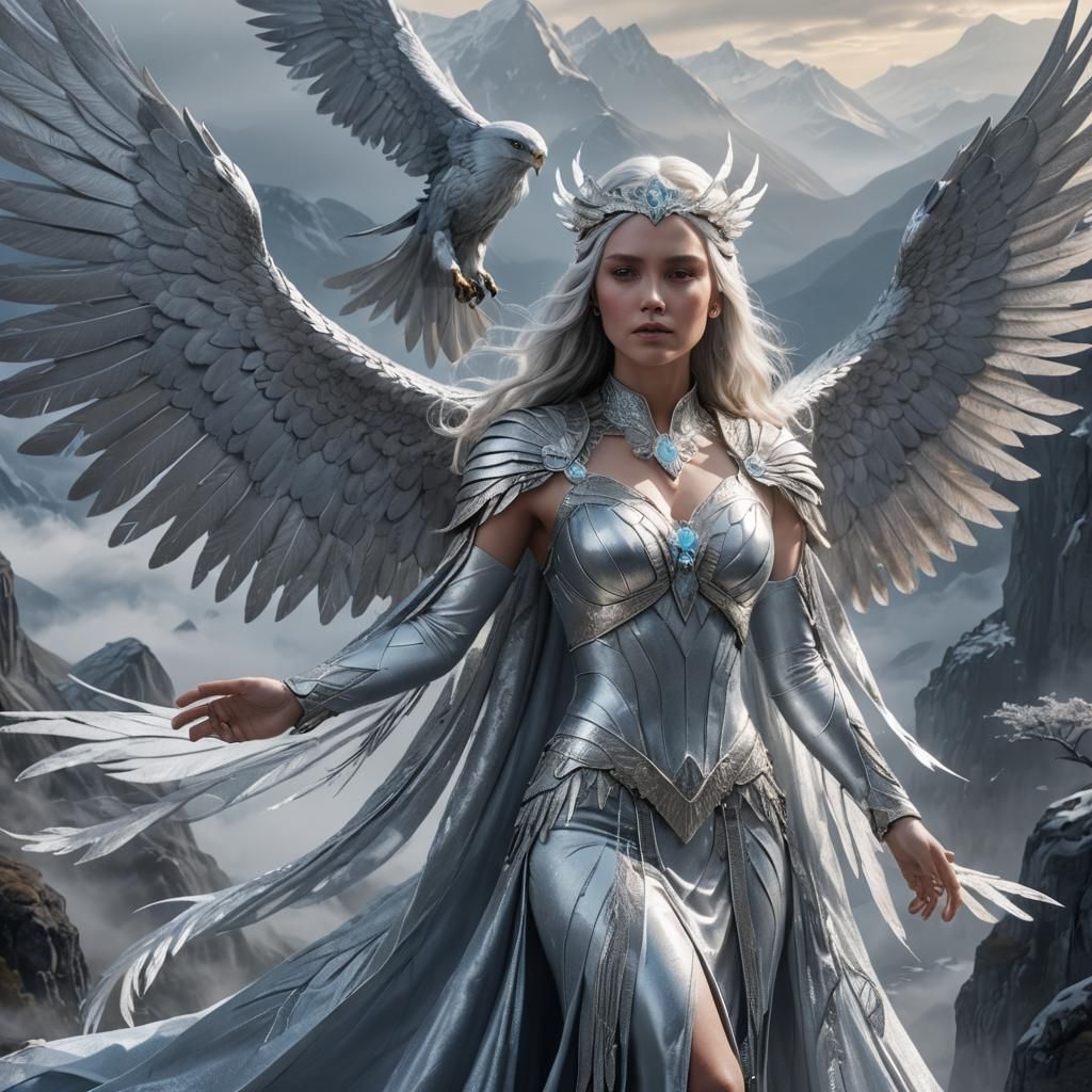 Silver Hawk Woman on Misty Peak: Magic Realism