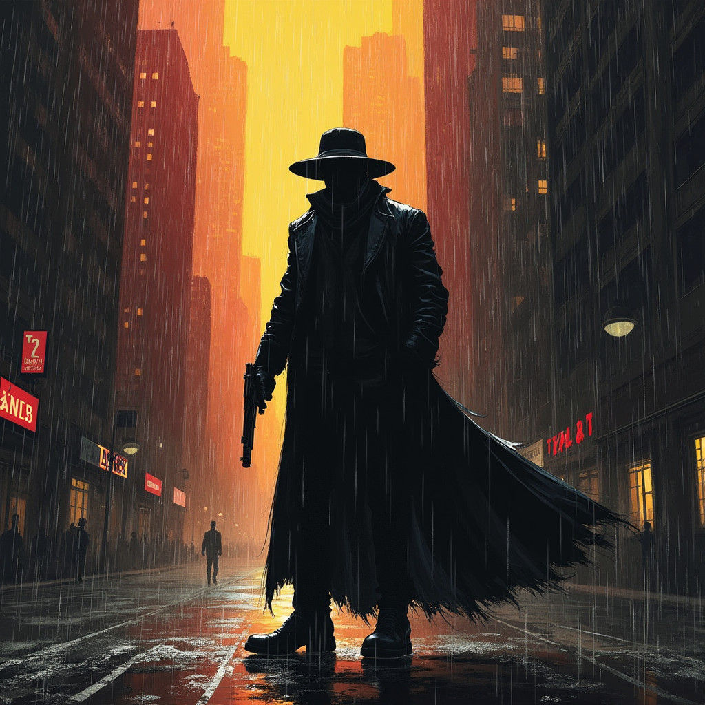 Rainy Cityscape in Graphic Novel Style