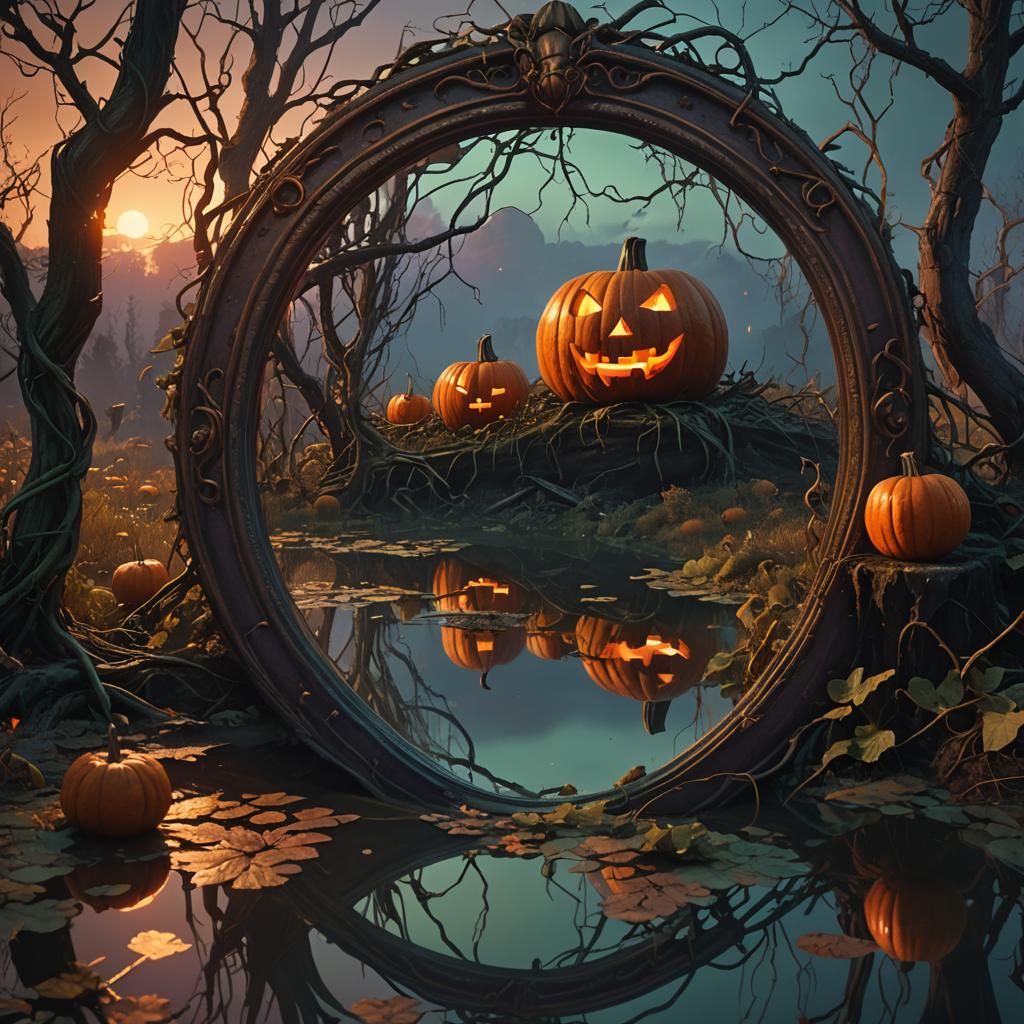 Scary Pumpkin Reflected in Ancient Mirror