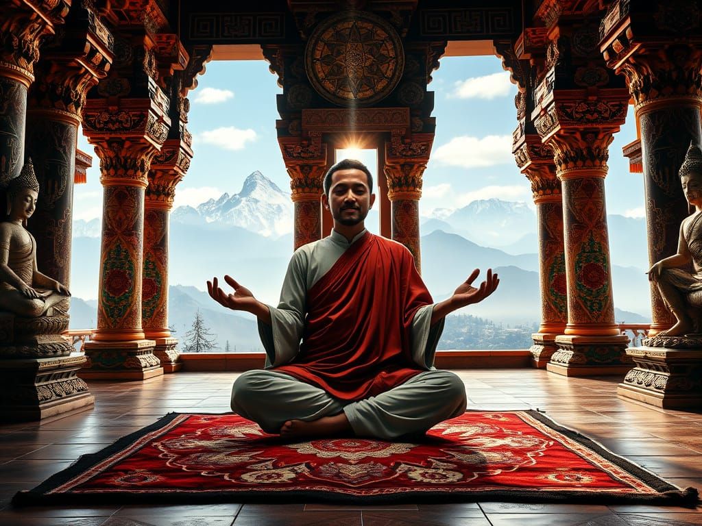 Buddhist Monk in Meditation, Surrounded by Vibrant Mandalas ...