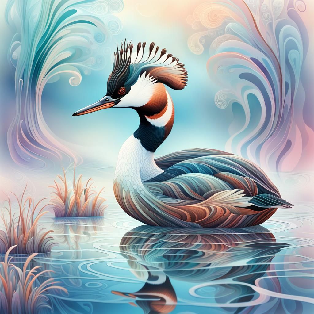Great Crested Grebe in Abstract Gouache Landscape