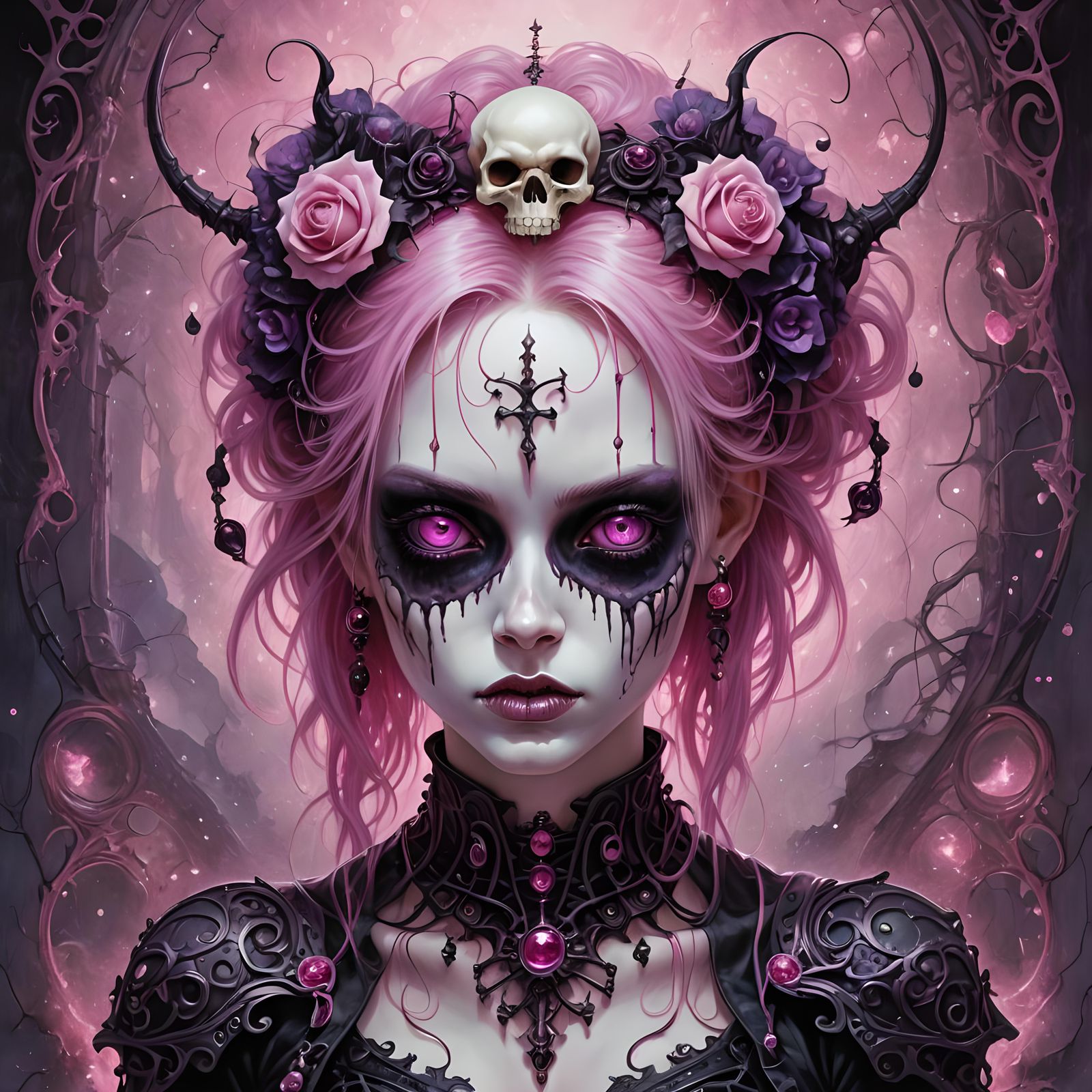 Goth Punk Girl Portrait with Bioluminescent Skull