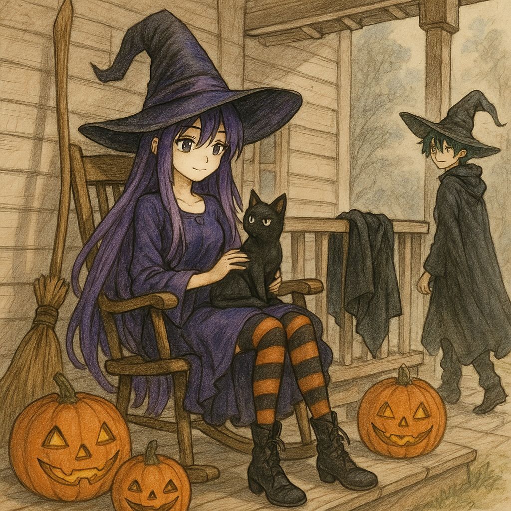 Anime Witch and Cat on Porch with Visitor
