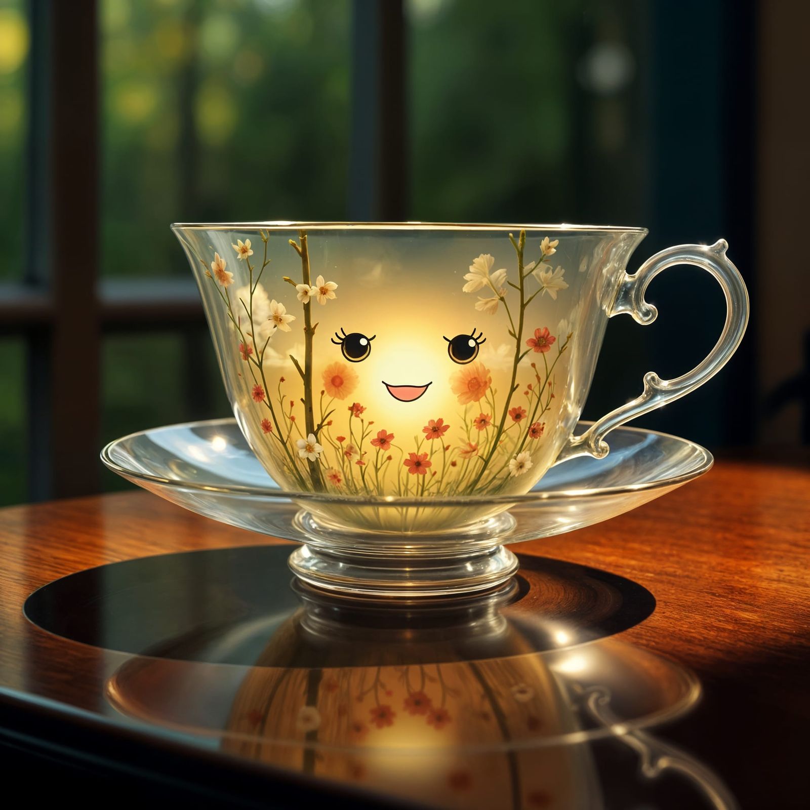 Sentient Transparent Teacup with Smile on Wooden Table