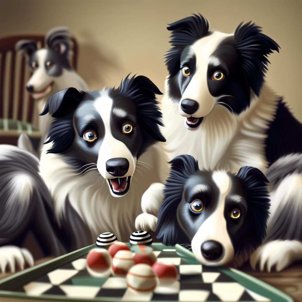 Hyperdetailed Border Collies Playing Checkers