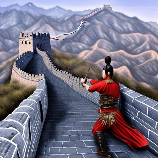 Chinese Warriors Duel on Great Wall in Hyperrealism
