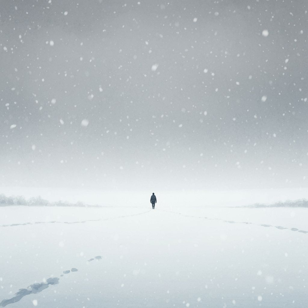 Solitary Winter Walk in Snowy Landscape