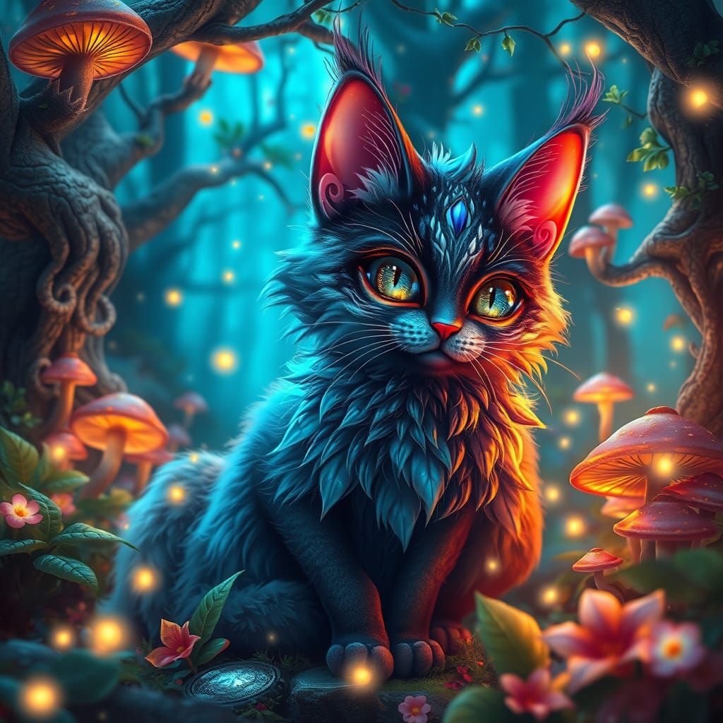 Whimsical Magic Cat in Vibrant Fairy Tale Forest