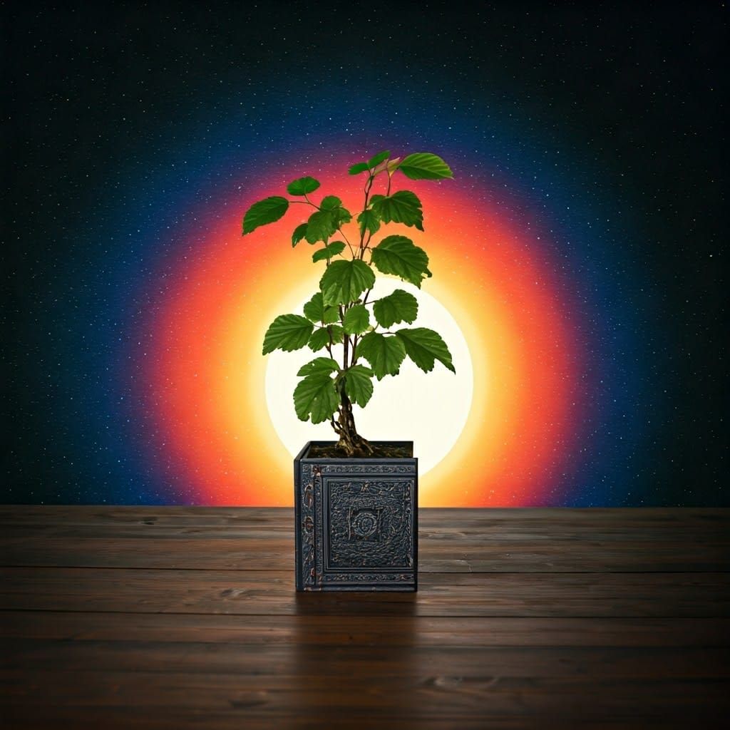 Tree Above Book with Vibrant Galaxy Background