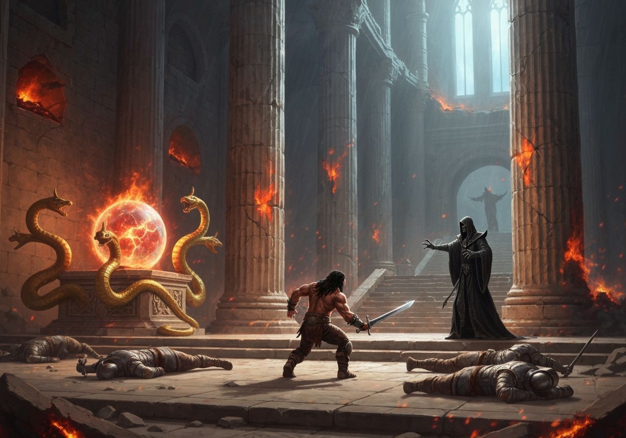 Barbarian Warrior Confronts Sorcerer in Ruined Throne Room