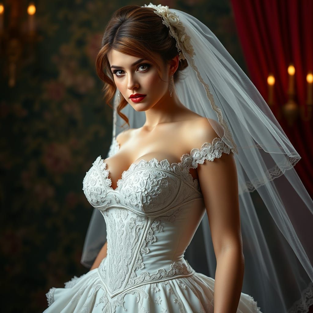 Sultry Bride in Lace Wedding Gown, Hyper-Realistic Portrait
