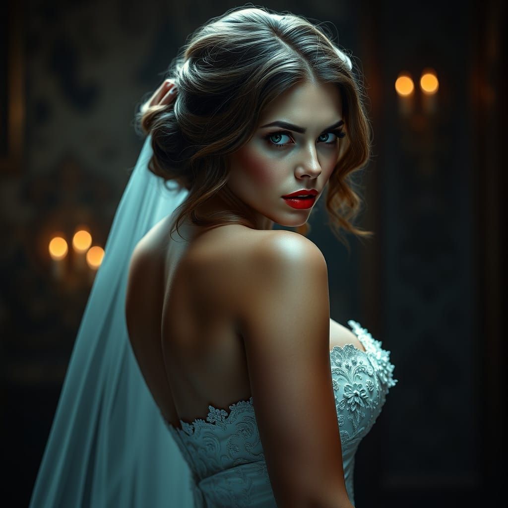 Sultry Bride in Dramatic Lighting, Art Nouveau Inspiration