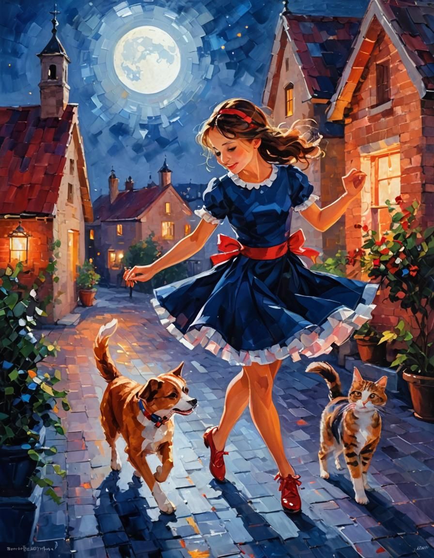 Girl Dancing Under the Moonlight: Palette Knife Painting