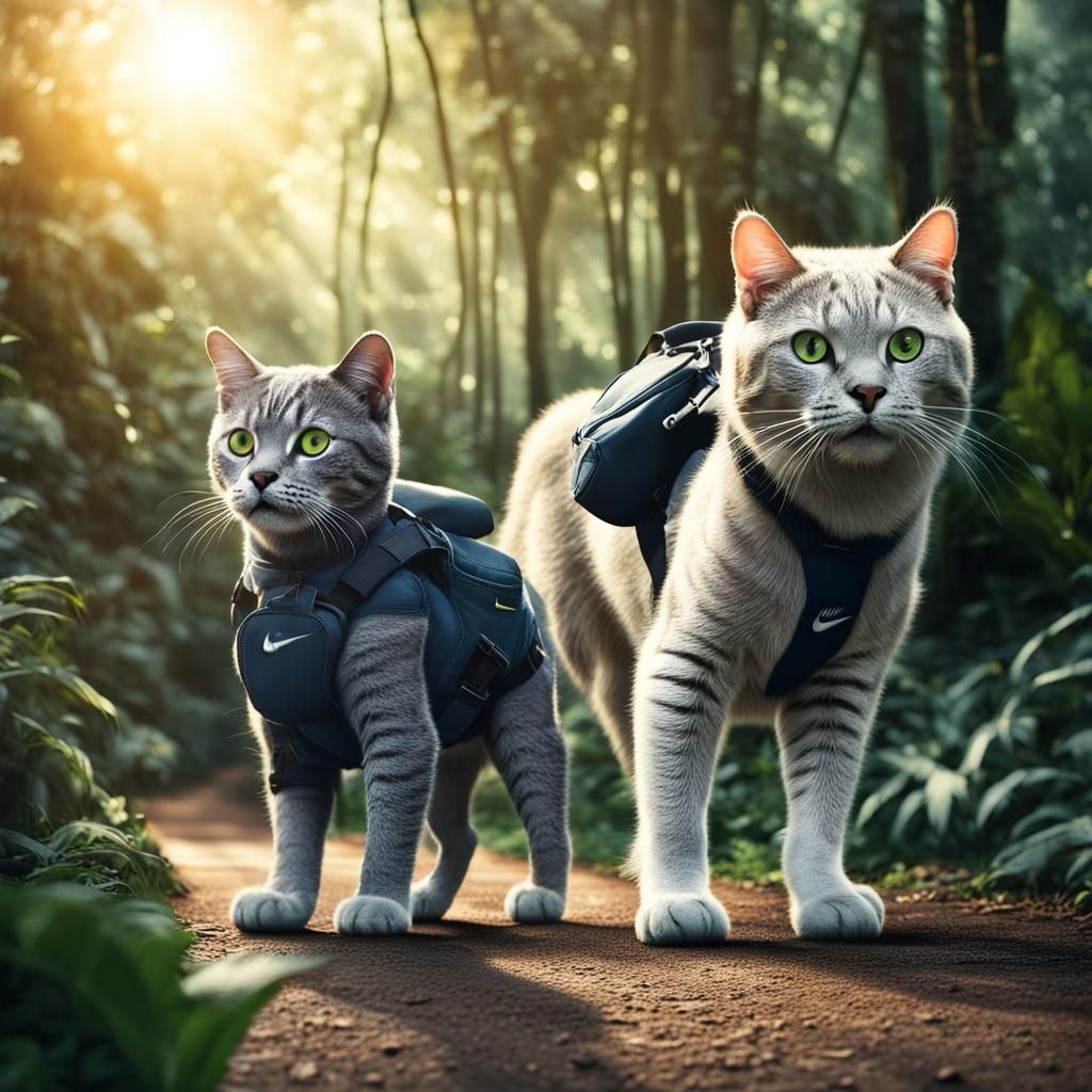 Hyperrealistic Cat Walks to Work in Jungle