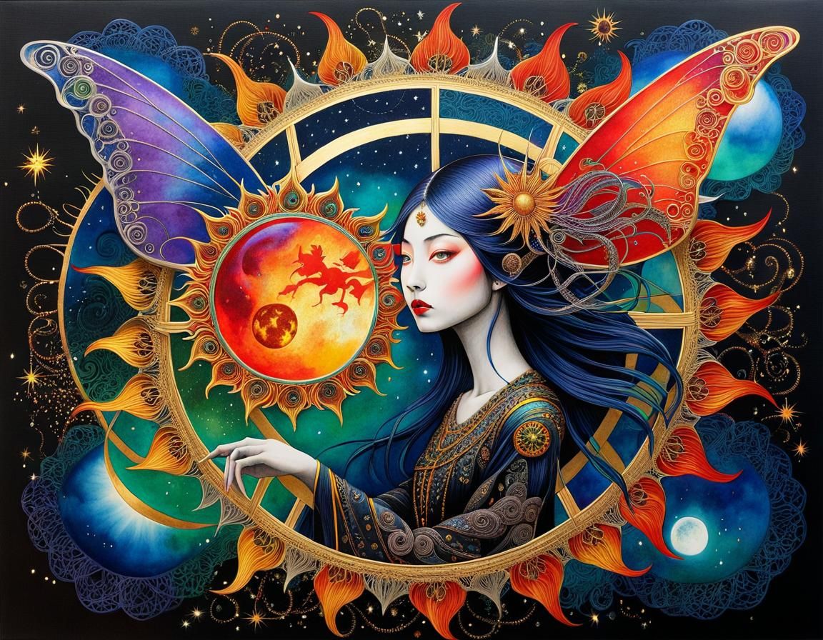 Gothic Goldenpunk Fairy with Surreal Sun and Moon