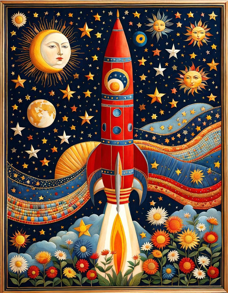 Celestial Rocket in Patchwork Art Style