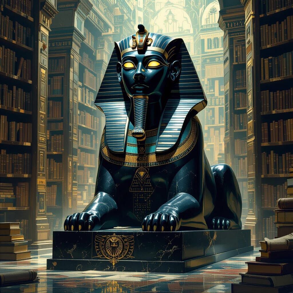 Obsidian Sphinx Guarding a Hidden Library in Art Deco Style