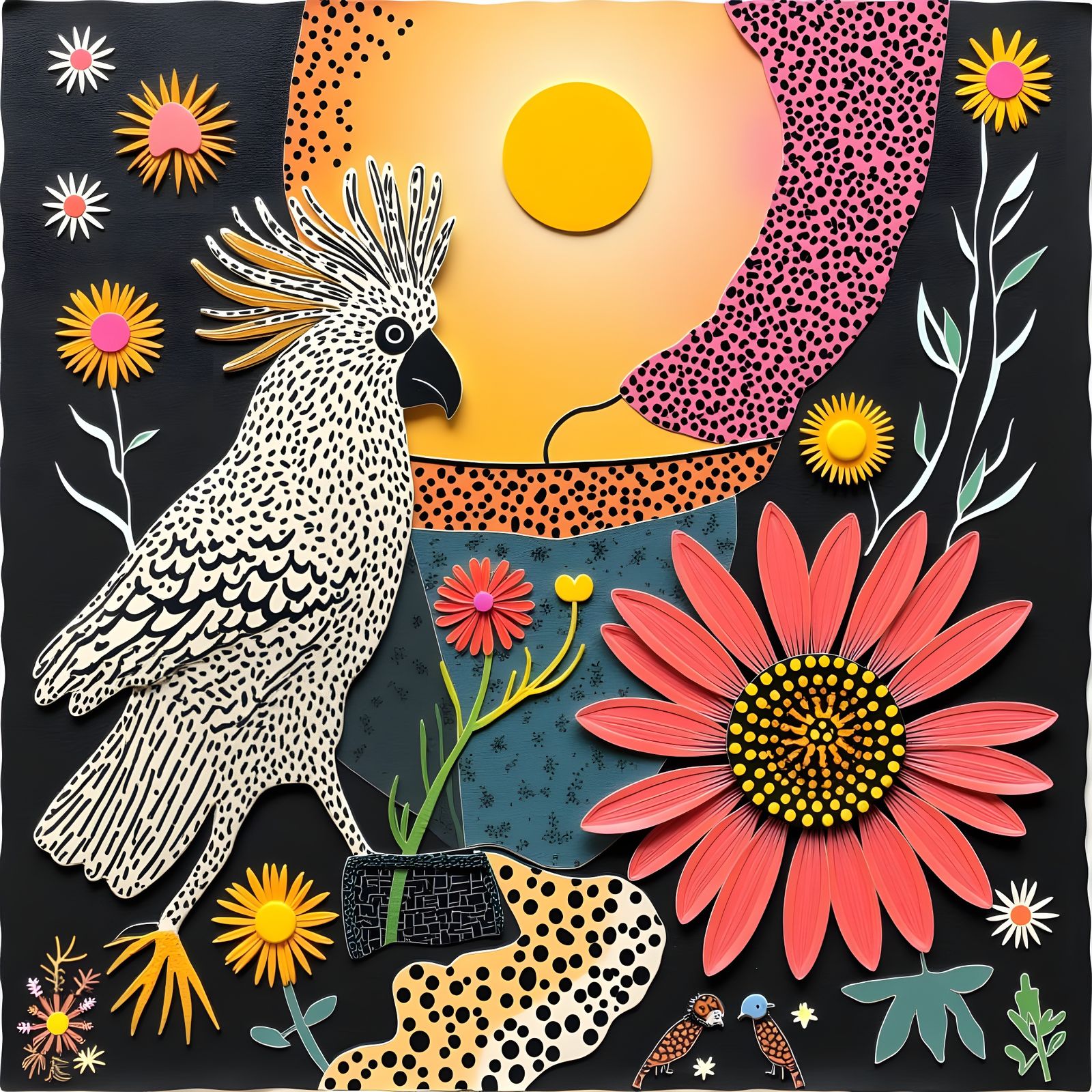 Cockatoo Amidst Luminous Flowers and Lava Sunset