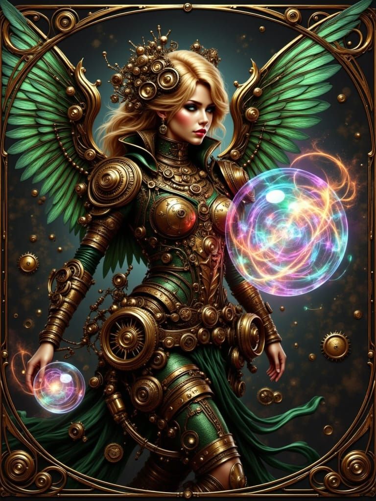 Art Nouveau Steam Angel with Glass Wings and Glowing Orbs