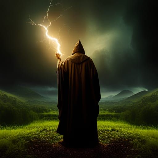 Wizard with Lightning Bolt: Detailed Matte Painting