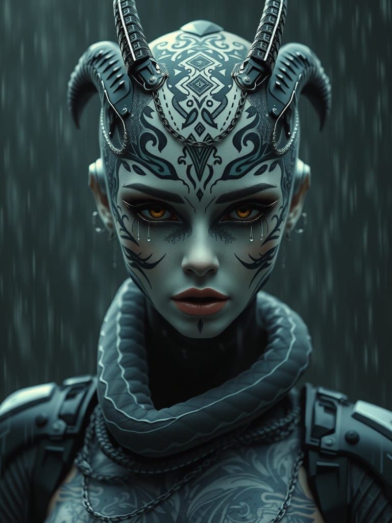 Android Goddess Overwhelmed by Rain