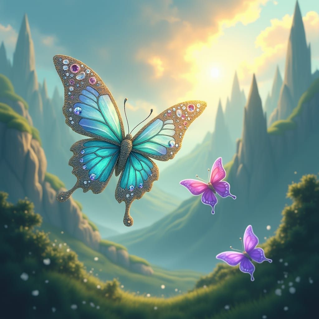 Gem-Encrusted Butterflies in Ethereal Fantasy Landscape