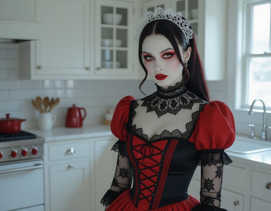 Goth Maid in Red and Black Lace Outfit