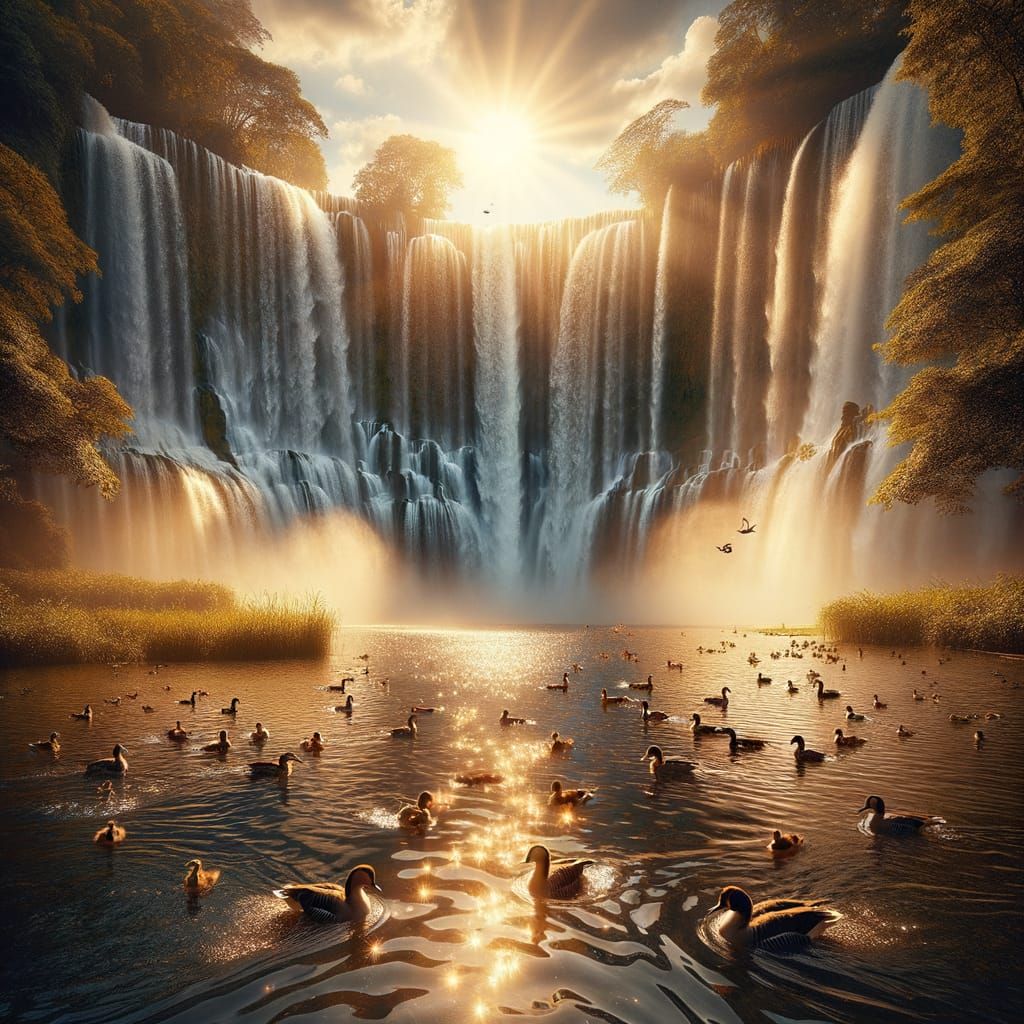 Majestic Waterfall Scene in Golden Sunlight