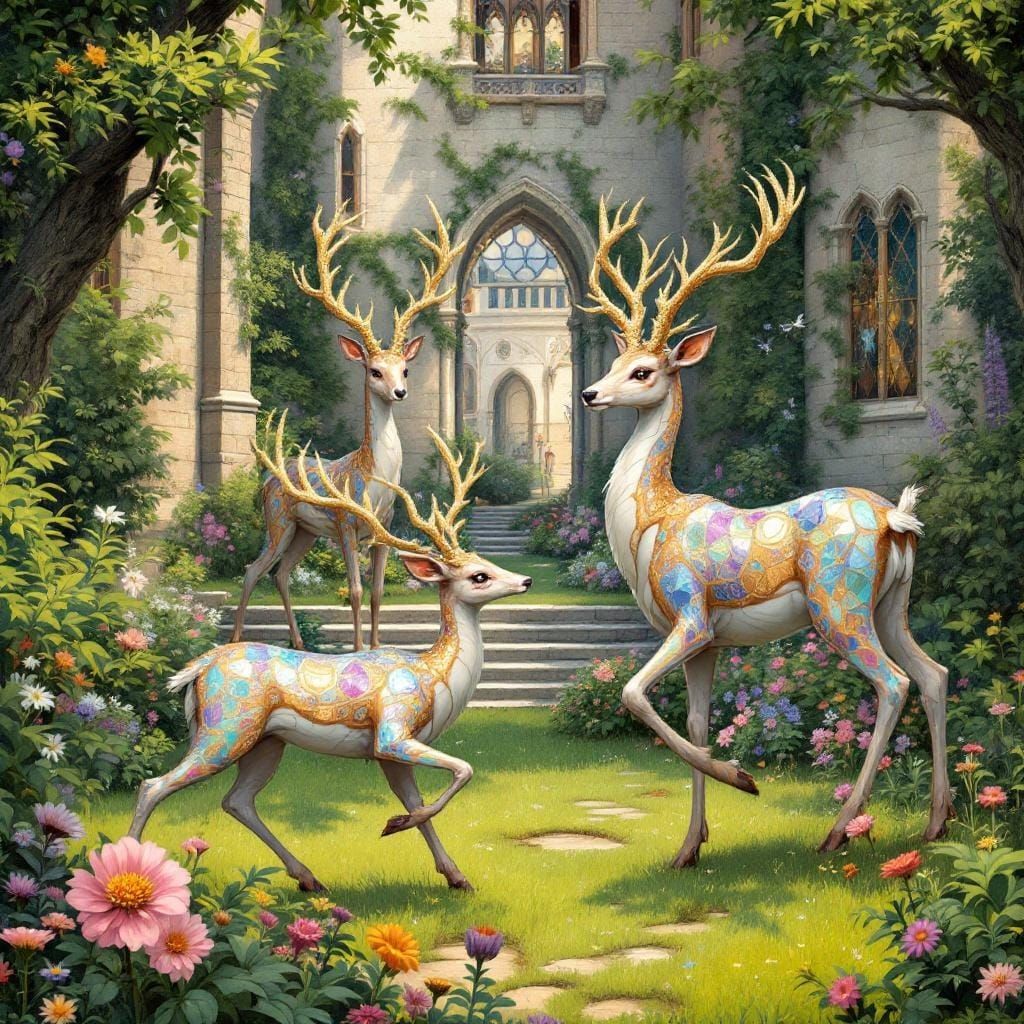 Iridescent Deer in Castle Yard, Mystical Realism