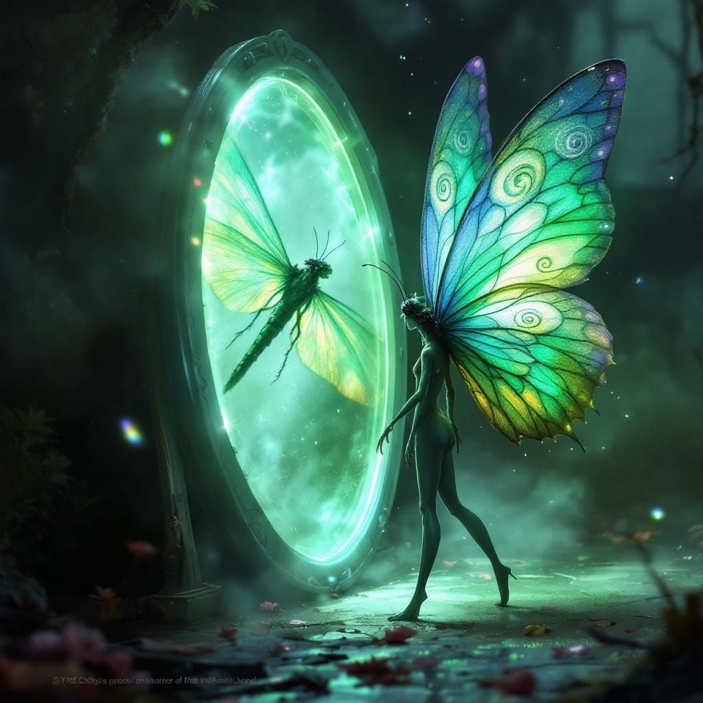 Butterfly Sees Dragonfly Reflection in Dreamlike Mirror