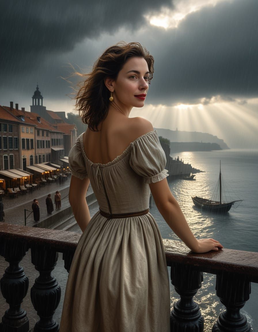 Baroque Oil Painting of Woman at Seaside Cafe