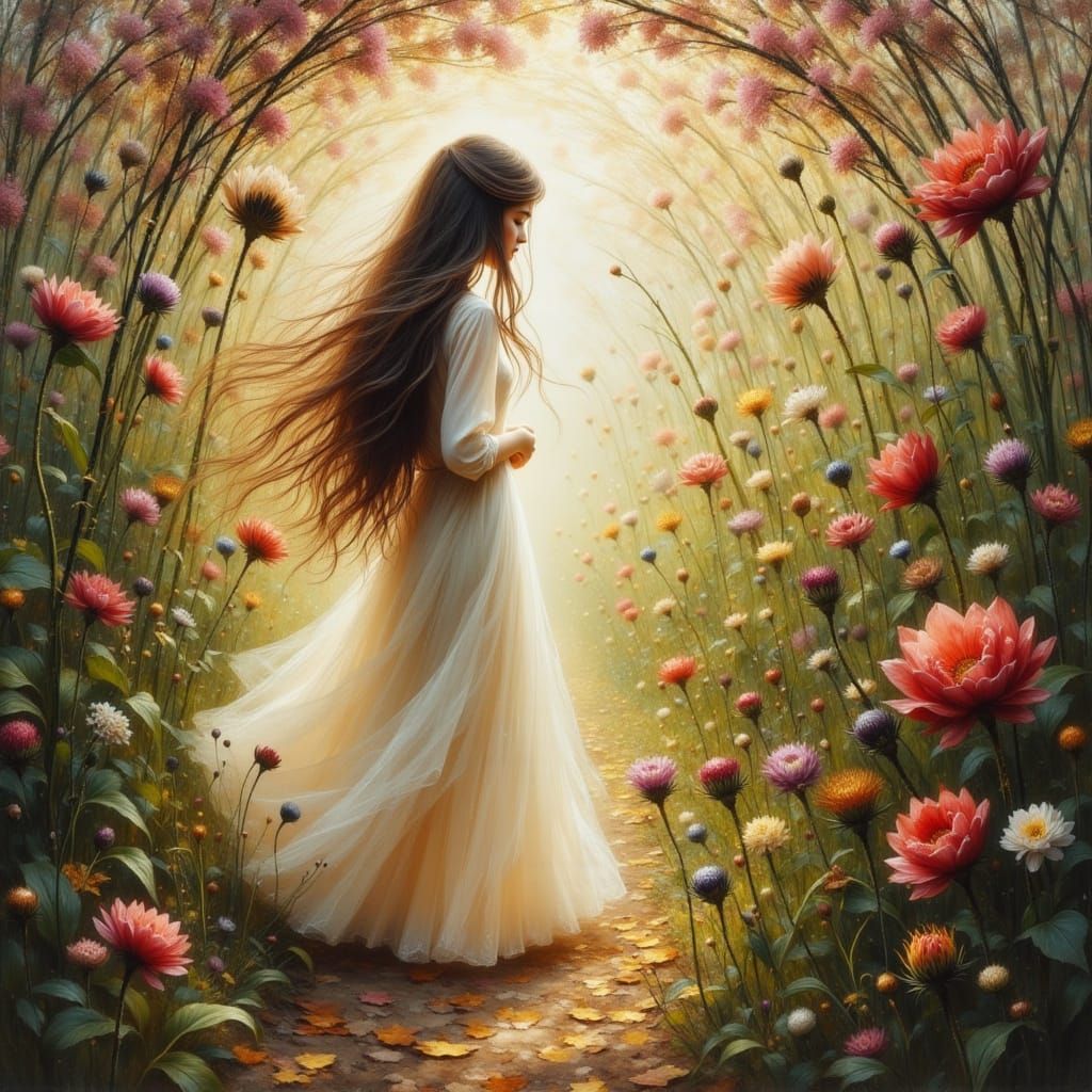 Ethereal Oil Painting of Girl in Flower Tunnel