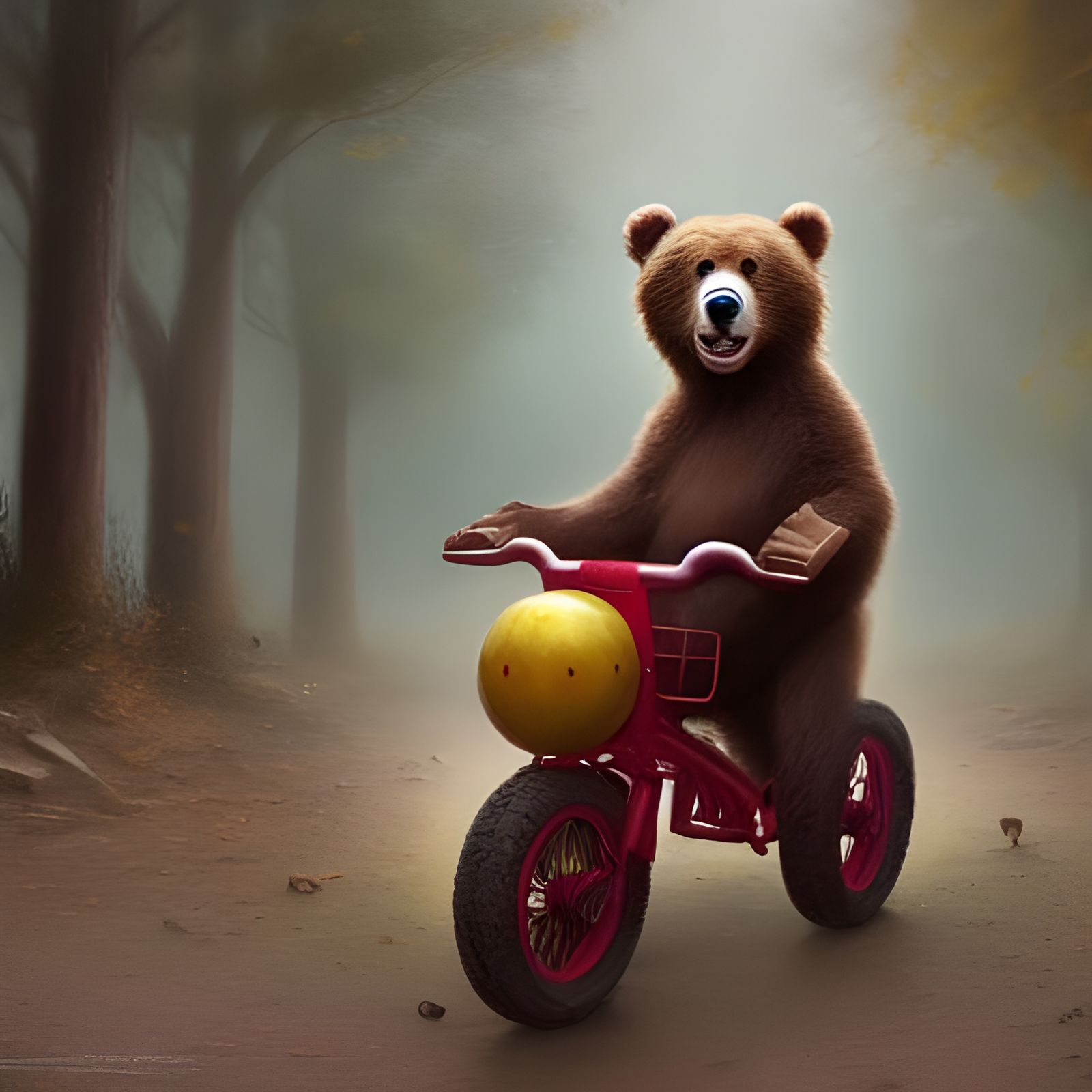 Cute Bear Clown Rides Tricycle: Hyper-Realistic Digital Art