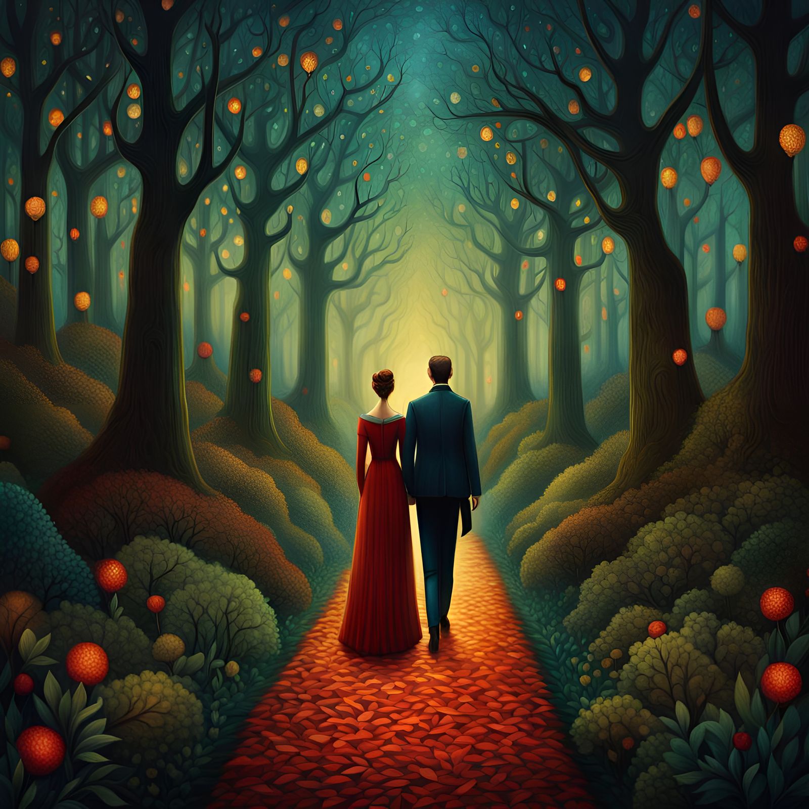 Couple on Forest Path in Digital Painting Style