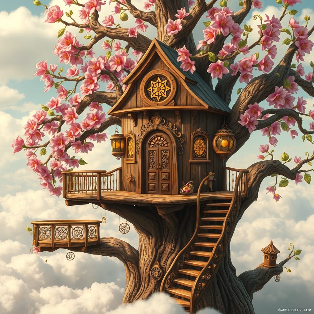 Whimsical Treehouse Amidst Clouds with Intricate Wooden Deta...