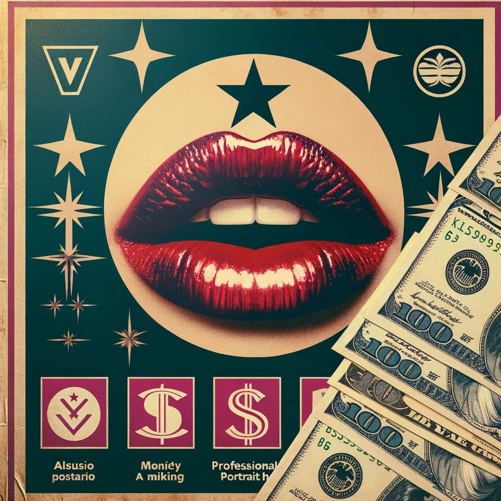 Fashion Logo, Red Lips, and Money in Vintage Style