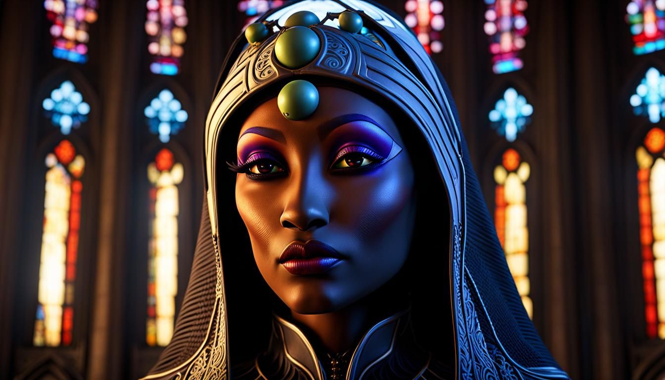 Twi'lek Woman Praying in Futuristic Medieval Church
