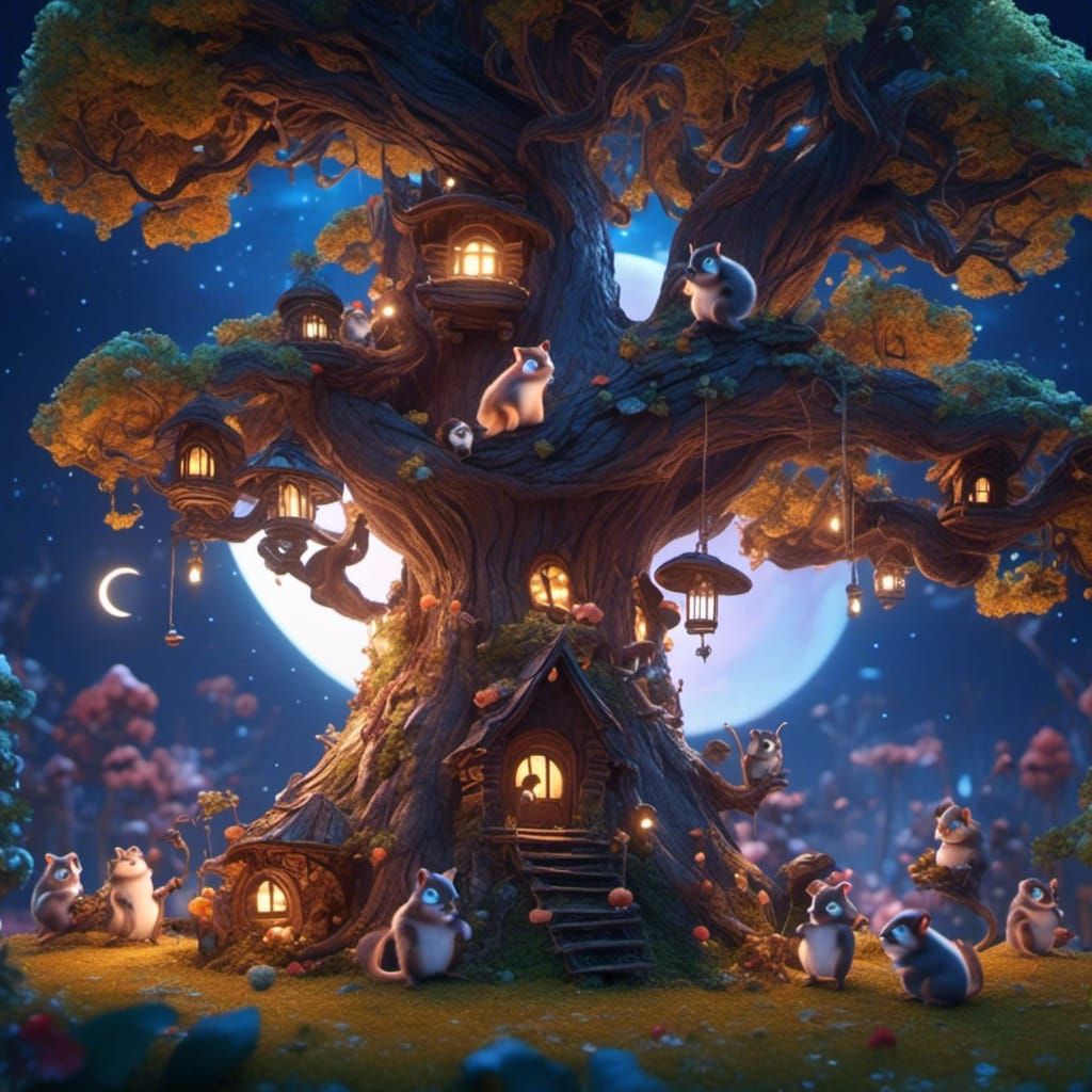 Flying Squirrels on Mushroom Tree at Night