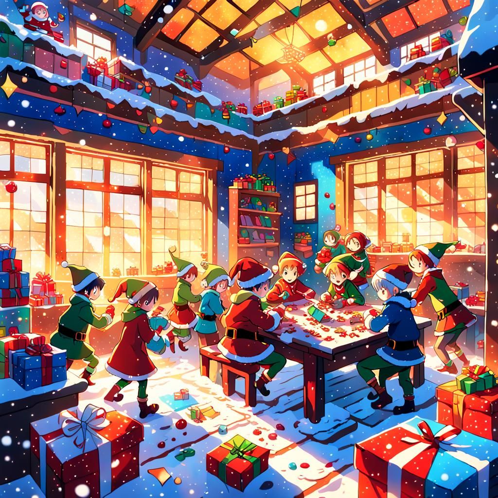 Surreal Anime Scene of Santa's Workshop in Chaos