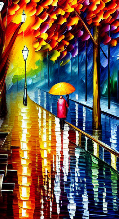 Rainy Night Park Scene in Vibrant Autumn Colors