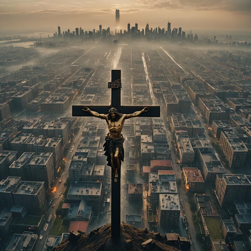 Jesus in Cinematic Cityscape, A Moody Masterpiece in Photore...