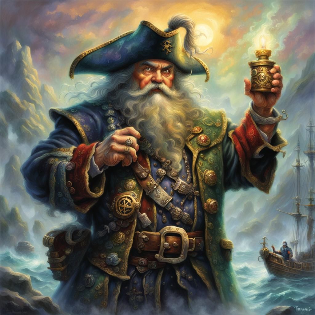 Ethereal Pirate Dwarf Warlock in Fantasy Landscape