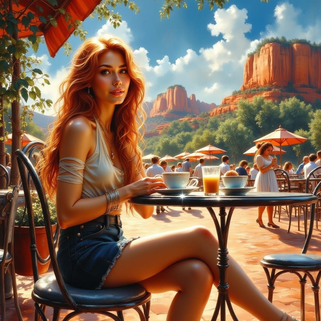 Red Haired Woman Sits at Cafe in Sedona
