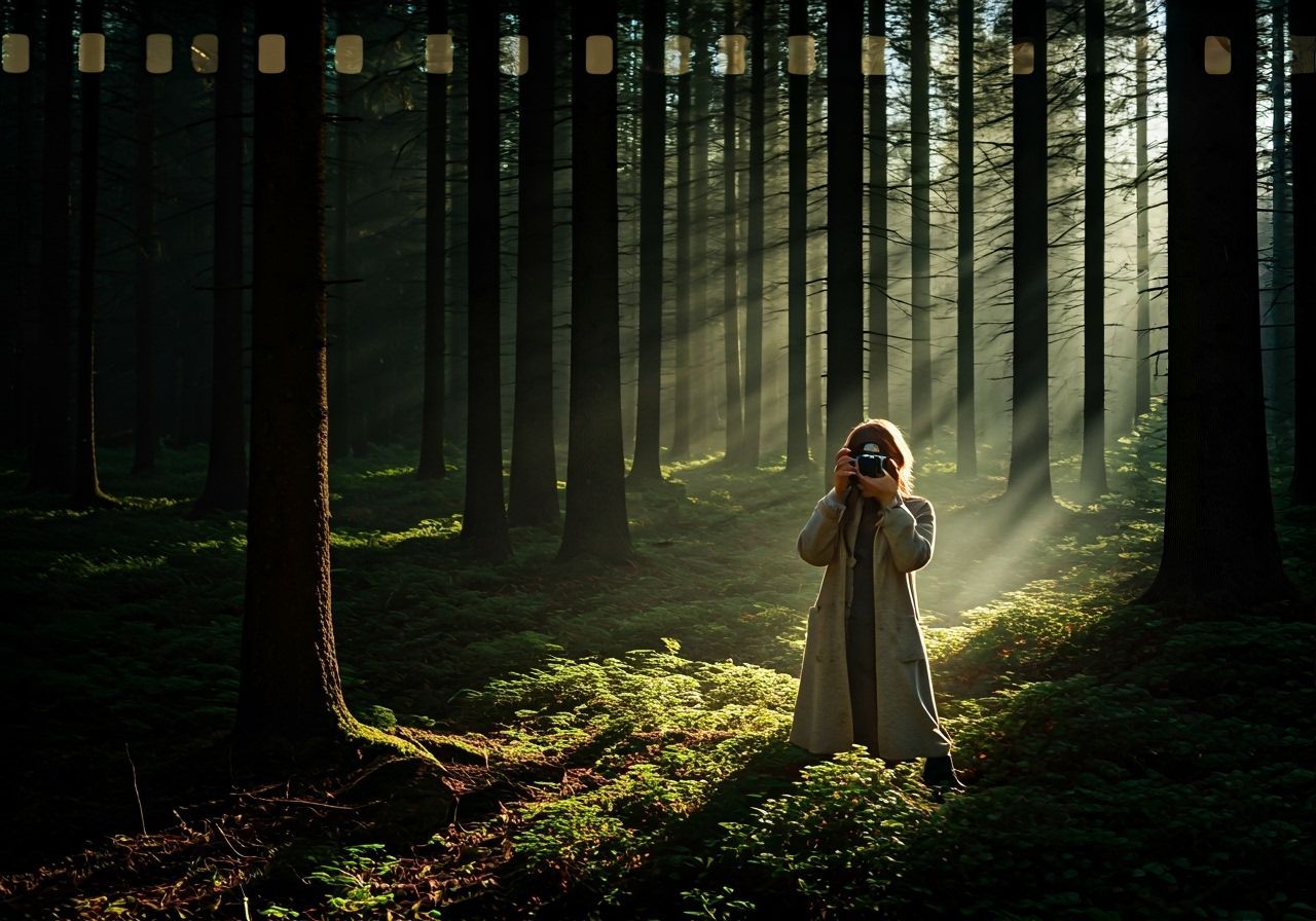 Eurasian Woman Photographing Bird in Forest, Vintage Kodak S...
