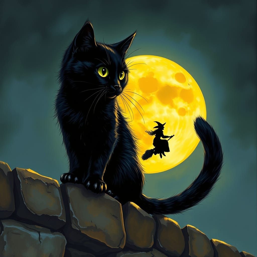 Whimsical Cat Under Full Moon, Rendered in Oil-Painted Style