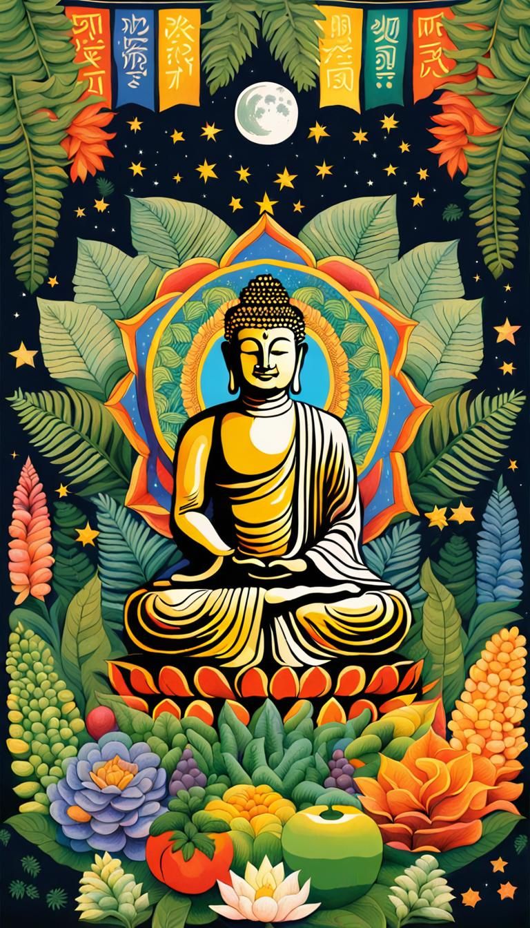 Intricate Buddha Statue in Tropical Mandala Garden