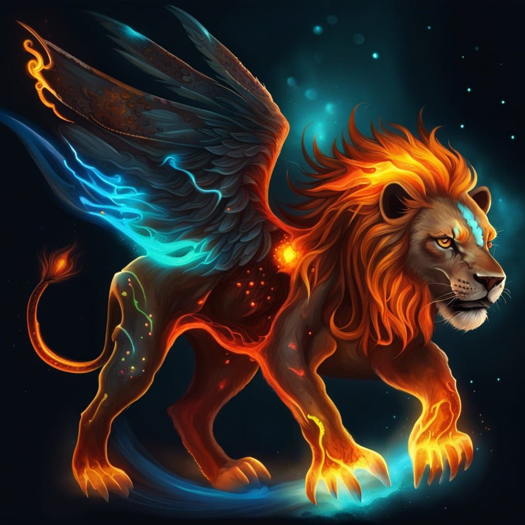Fierce Fire-Winged Lion with Fairy Rider
