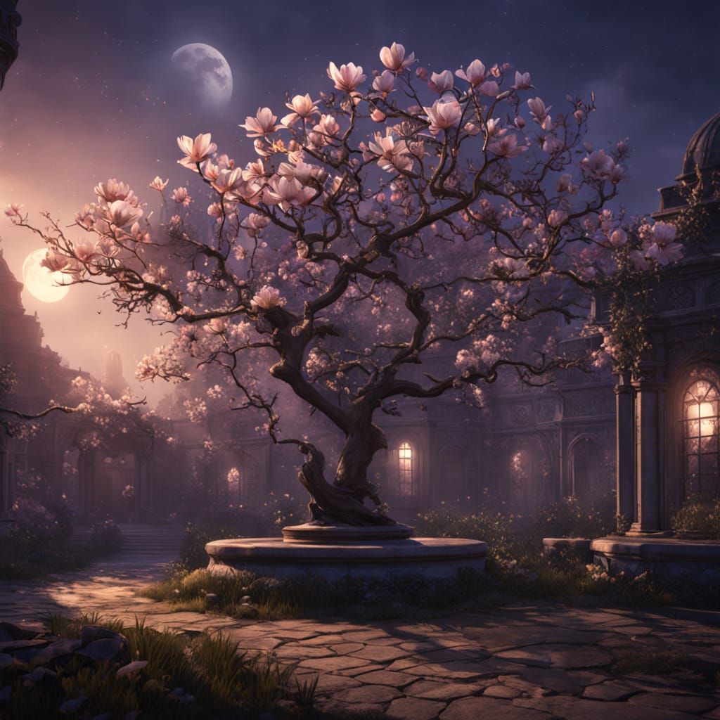 Moonlit Magnolia Garden in Oil Painting Style
